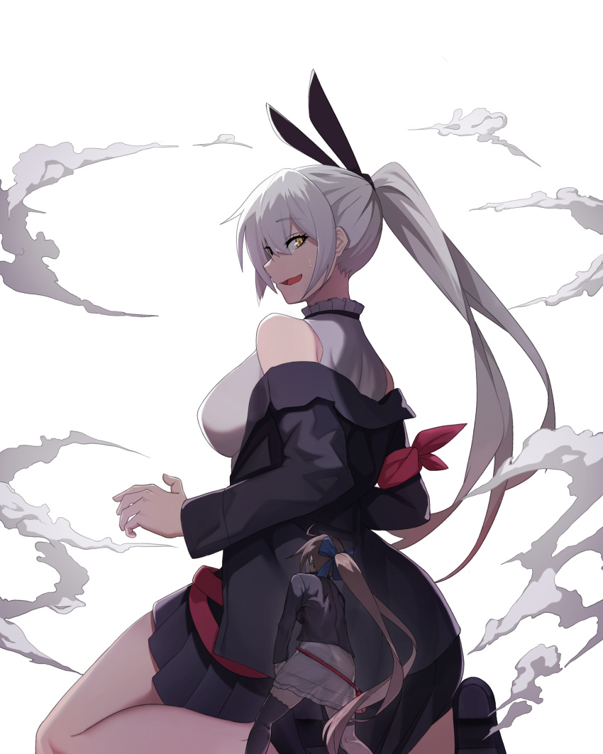 2girls, absurdres, animal_ears, back, bangs, black_jacket, black_legwear, black_skirt