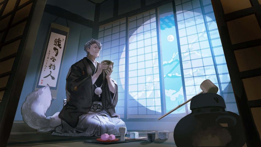 1boy, black_kimono, bowl, burari, character_request, copyright_request, dark, eating