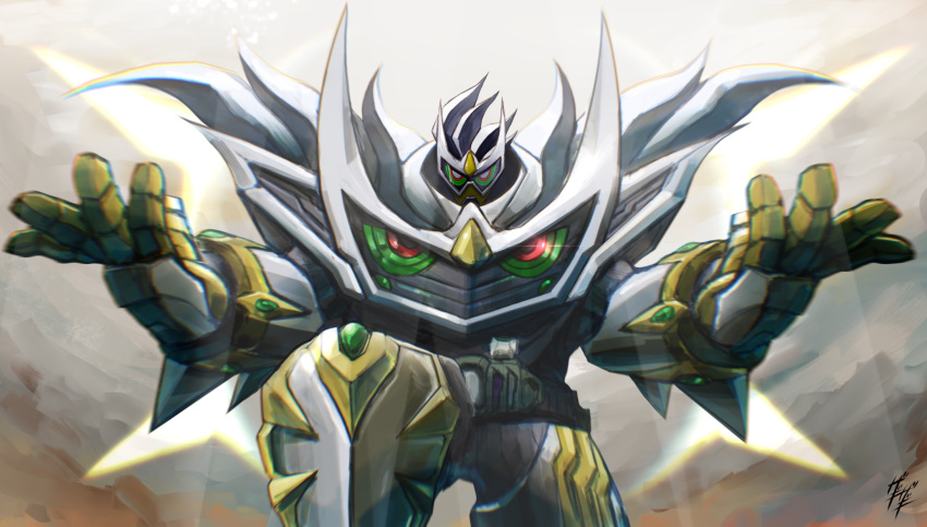 1boy, arceus, energy_wings, fusion, god_maximum_gamer_level_billion, green_eyes, highres, kamen_rider