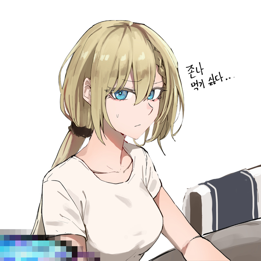 1girl, bangs, blonde_hair, blue_eyes, braid, breasts, censored, censored_food