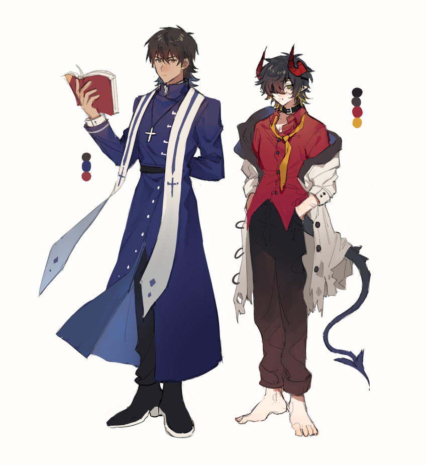 2boys, absurdres, arm_behind_back, barefoot, black_footwear, black_hair, black_pants, book, brown_hair, brown_pants, character_request, check_character, collar, color_guide, cosplay_request, cross, cross_necklace, demon_tail, gradient_horns, hands_in_pockets, highres, horns, jewelry, long_sleeves, madarame_kei, male_focus, multicolored_horns, multiple_boys, necklace, necktie, nocolour, open_book, pants, pointy_ears, red_horns, red_shirt, shirt, slow_damage, standing, stole, tail, tan, towa_(slow_damage), yellow_necktie