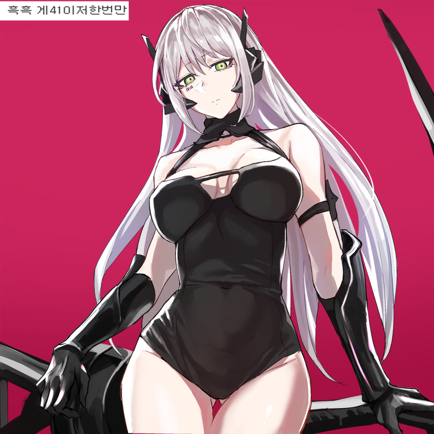 1girl, bangs, barcode, barcode_tattoo, bare_shoulders, black_dress, black_gloves, breasts