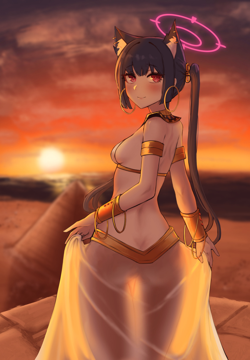 1girl, absurdres, animal_ear_fluff, animal_ears, armlet, bare_back, bare_shoulders, black_hair