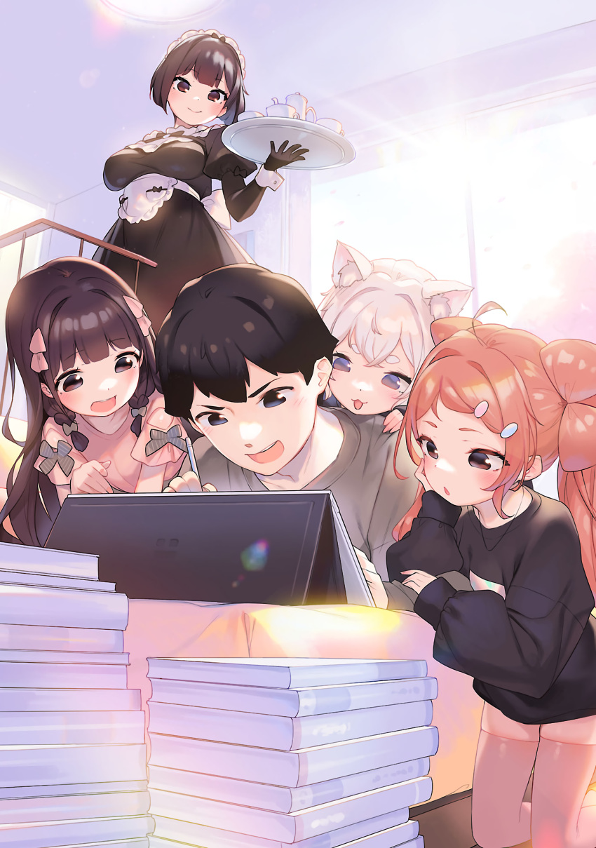 1boy, 4girls, :3, absurdres, animal_ear_fluff, animal_ears, bangs, black_dress
