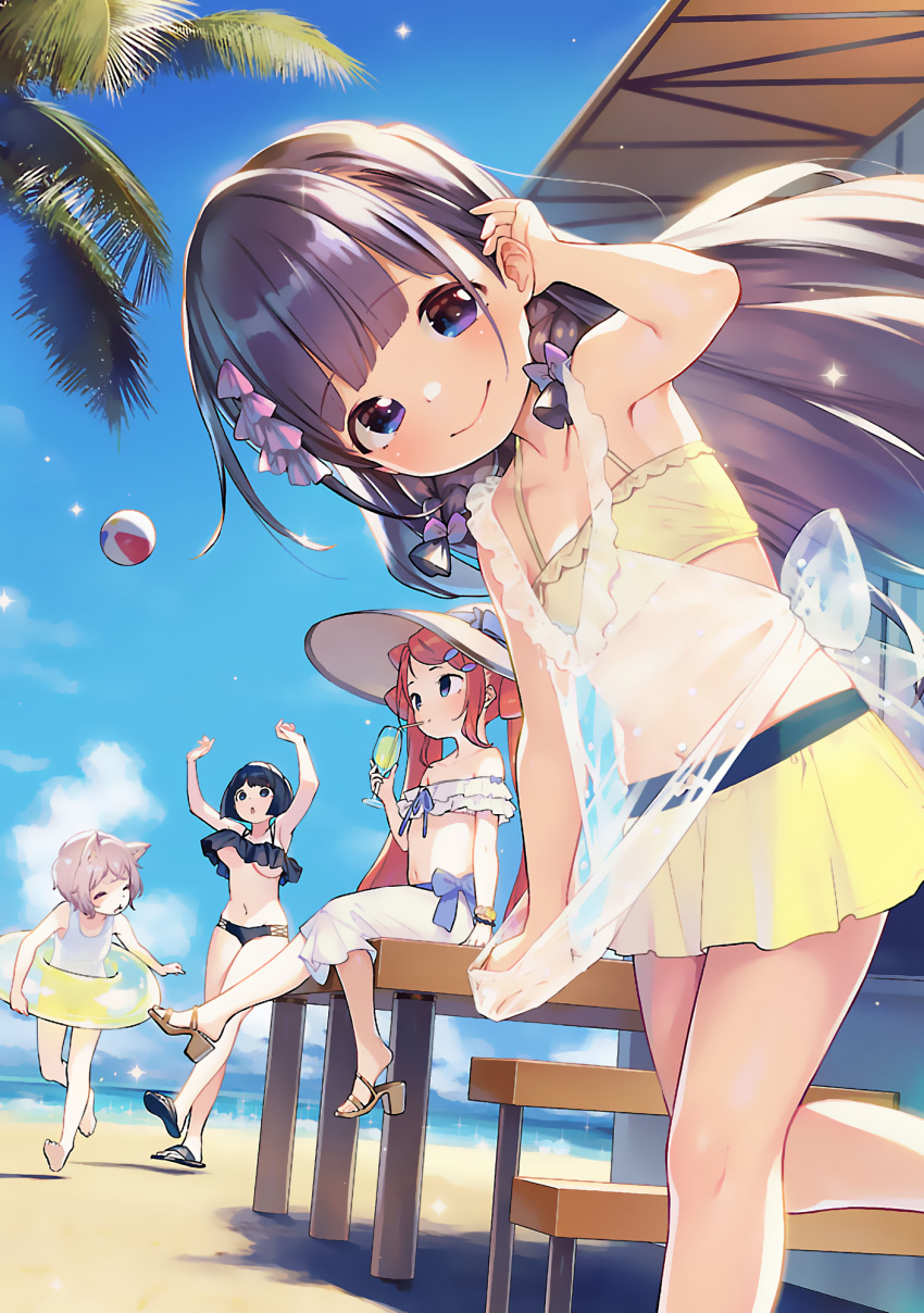 4girls, adjusting_hair, animal_ears, ball, barefoot, beach, beachball, bikini