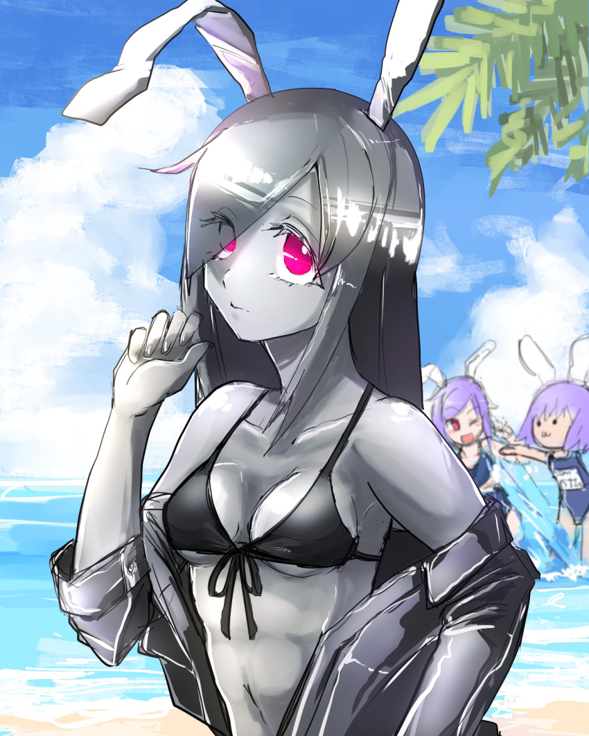 3girls, :3, :d, animal_ears, bangs, beach, bikini, black_bikini