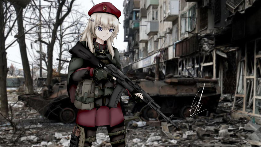 absurdres, ak-74m, ak74m_(girls'_frontline), ammunition_belt, assault_rifle, beret, black_legwear, blonde_hair