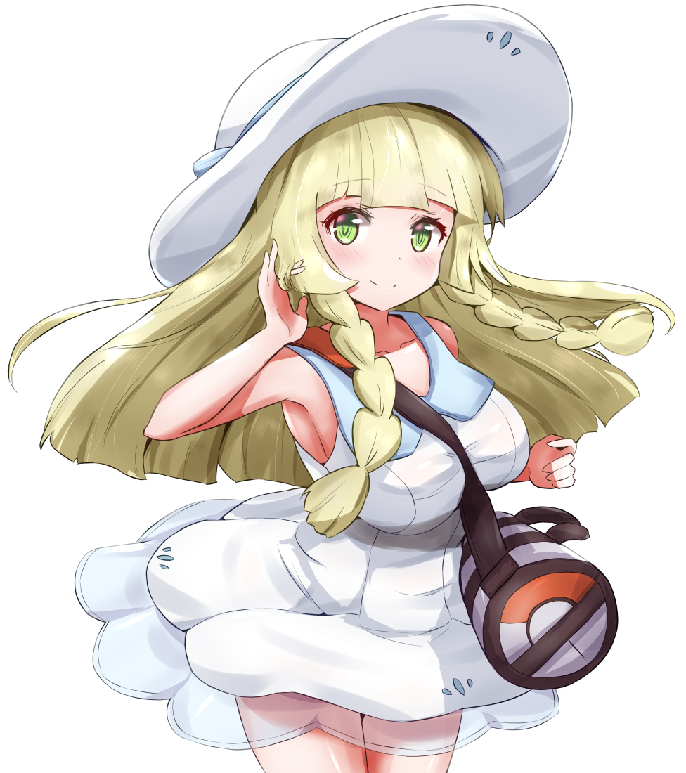 1girl, alternate_breast_size, bangs, blonde_hair, blue_ribbon, blunt_bangs, braid, breasts, collared_dress, dress, green_eyes, hat, hat_ribbon, large_breasts, lillie_(pokemon), long_hair, misahiro, pokemon, pokemon_(game), pokemon_masters_ex, ribbon, sleeveless, sleeveless_dress, solo, sun_hat, sundress, twin_braids, white_dress, white_headwear