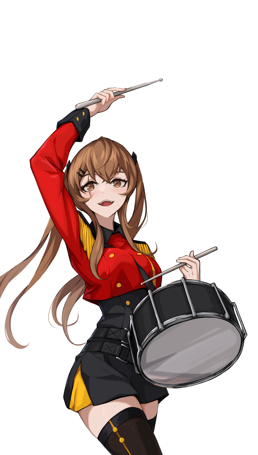 1girl, absurdres, alternate_costume, blush, brown_eyes, brown_hair, copycat001, drum
