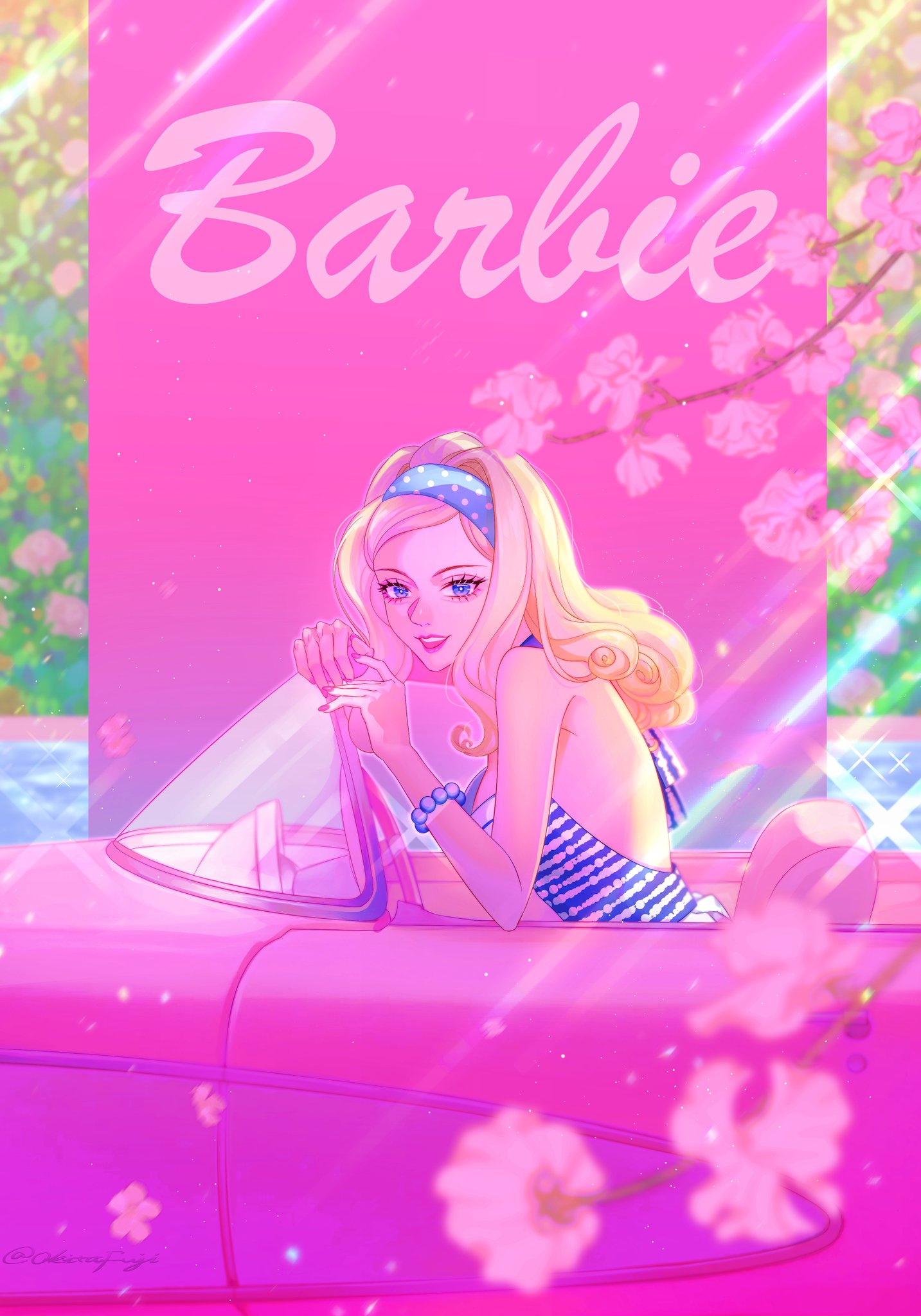 1girl, bandana, barbie_(character), barbie_(franchise), barbie_(live_action), blonde_hair, blue_eyes, blue_swimsuit