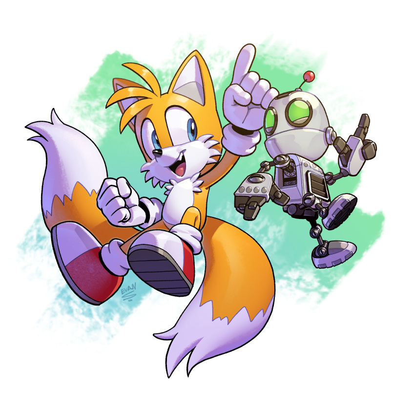 1boy, blue_eyes, clank, evan_stanley, fang, gloves, green_eyes, highres