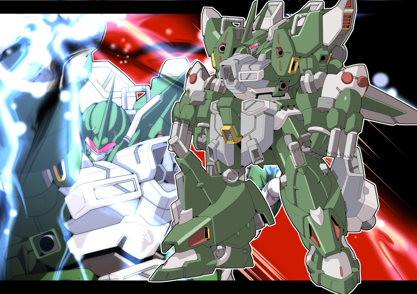 absurdres, arm_cannon, clenched_hands, gespenst_mk_ii, highres, letterboxed, looking_ahead, mecha, meganeon, multiple_views, no_humans, outside_border, science_fiction, standing, super_robot_wars, super_robot_wars_original_generation, visor, weapon