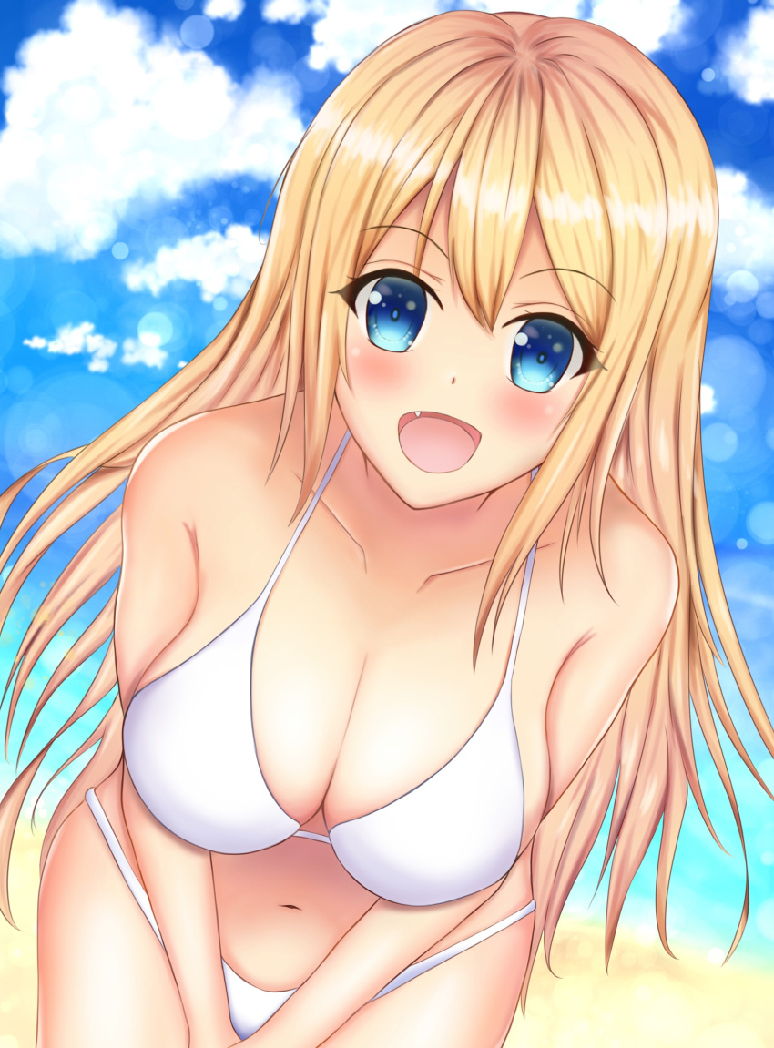 1girl, beach, bikini, blonde_hair, blue_eyes, blue_sky, breasts, day