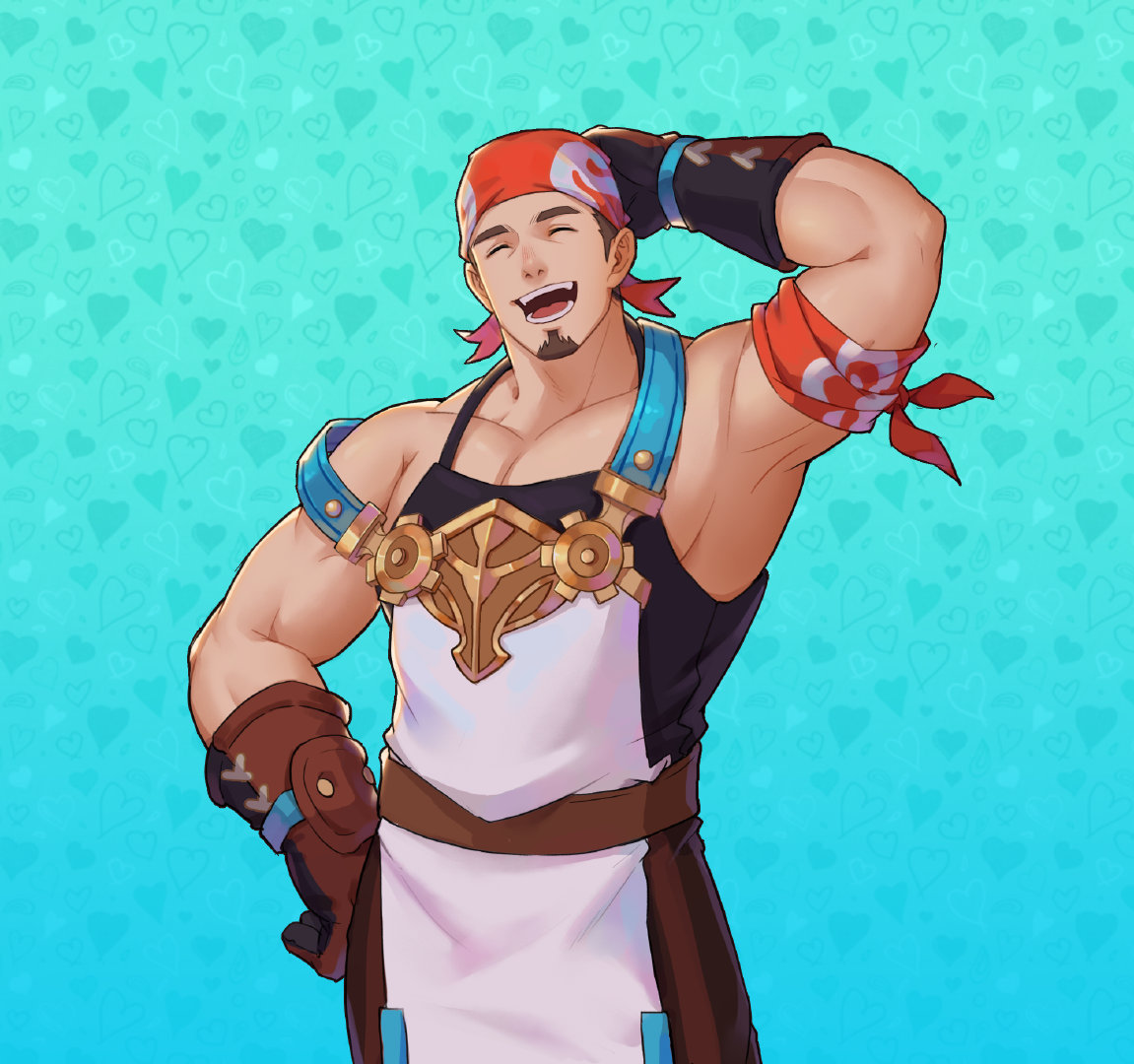 1boy, apron, arm_behind_head, armband, armpits, artist_request, bandana, biceps, billy_(gyee), brown_hair, closed_eyes, facial_hair, gloves, gyee, hand_on_hip, heart, leather, leather_belt, male_focus, mature_male, muscular, muscular_male, open_mouth, pants, pectoral_cleavage, pectorals, short_hair, smile, solo, stubble, teeth, thick_arms, thick_thighs, thighs, tongue