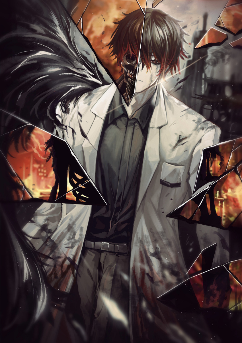 1boy, absurdres, bangs, black_hair, black_shirt, coat, fire, glass_shards, highres, labcoat, limbus_company, multicolored_hair, non-web_source, pants, project_moon, robotree_1, shirt, two-tone_hair, white_coat, yellow_eyes, yi-sang_(limbus_company)
