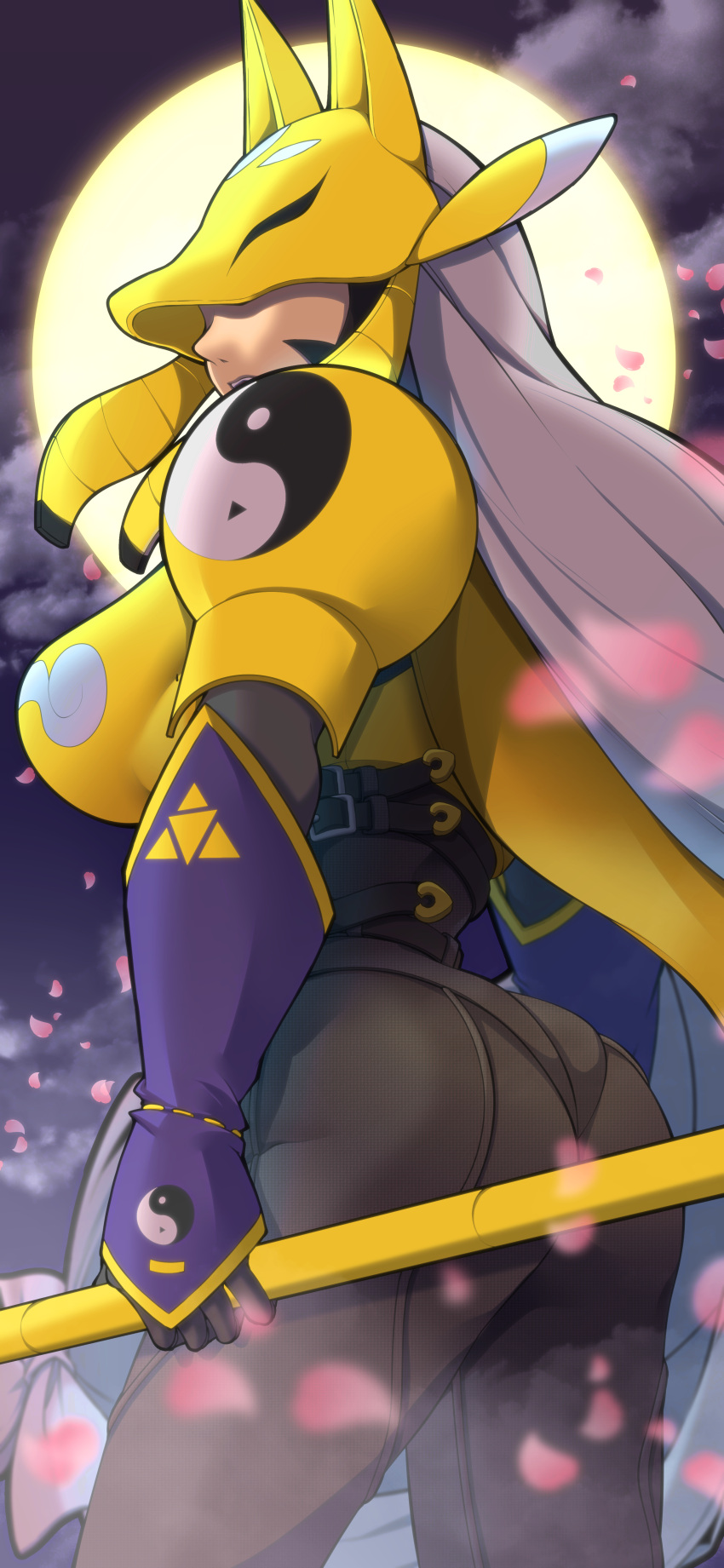 1girl, absurdres, animal_ears, armor, ass, belt, black_belt, black_bodysuit