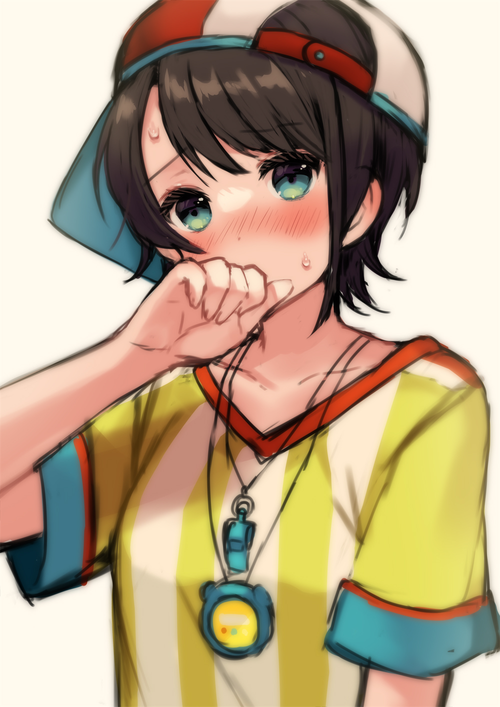 1girl, baseball_cap, black_hair, blue_eyes, blush, breasts, collarbone, commentary, covered_mouth, covering_mouth, embarrassed, eyebrows_visible_through_hair, furrowed_brow, hand_over_own_mouth, hat, highres, hololive, looking_at_viewer, multicolored_clothes, multicolored_headwear, nekohara_choco, oozora_subaru, red_headwear, shirt, short_hair, short_sleeves, simple_background, small_breasts, solo, stopwatch, stopwatch_around_neck, striped, striped_shirt, sweat, sweatdrop, upper_body, vertical-striped_shirt, vertical_stripes, virtual_youtuber, whistle, whistle_around_neck, white_headwear, yellow_background, yellow_shirt