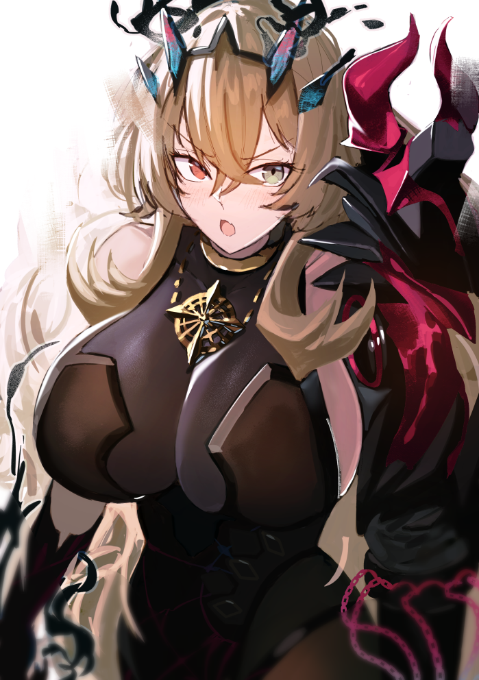 1girl, armor, bangs, bare_shoulders, black_dress, black_gloves, blonde_hair, blue_eyes, blush, breasts, dress, elbow_gloves, fairy_knight_gawain_(fate), fairy_knight_gawain_(second_ascension)_(fate), fate/grand_order, fate_(series), gauntlets, gloves, heterochromia, horns, jewelry, large_breasts, long_hair, looking_at_viewer, necklace, pauldrons, pelvic_curtain, red_eyes, shoulder_armor, single_pauldron, solo, suminagashi