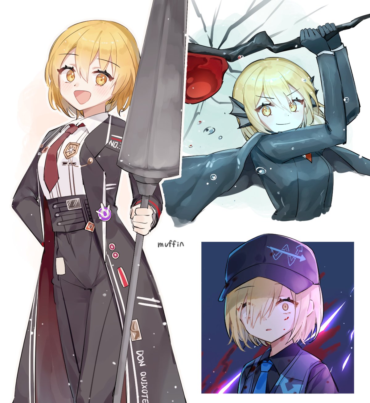 1girl, bangs, black_jacket, black_pants, blonde_hair, blood, blood_on_face, blue_necktie