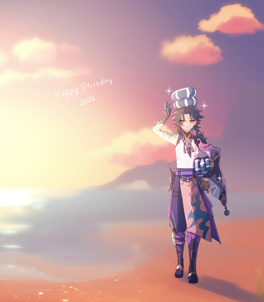 1boy, 2022, arm_tattoo, arm_up, bead_necklace, beads, birthday, black_hair, blue_hair, closed_mouth, clouds, evening, facial_mark, forehead_mark, full_body, genshin_impact, gloves, happy_birthday, highres, holding, jewelry, male_focus, mountain, multicolored_hair, necklace, on_head, orange_eyes, outdoors, seashell, shell, sky, solo, sparkle, tassel, tattoo, urooooboe, walking, water, xiao_(genshin_impact)