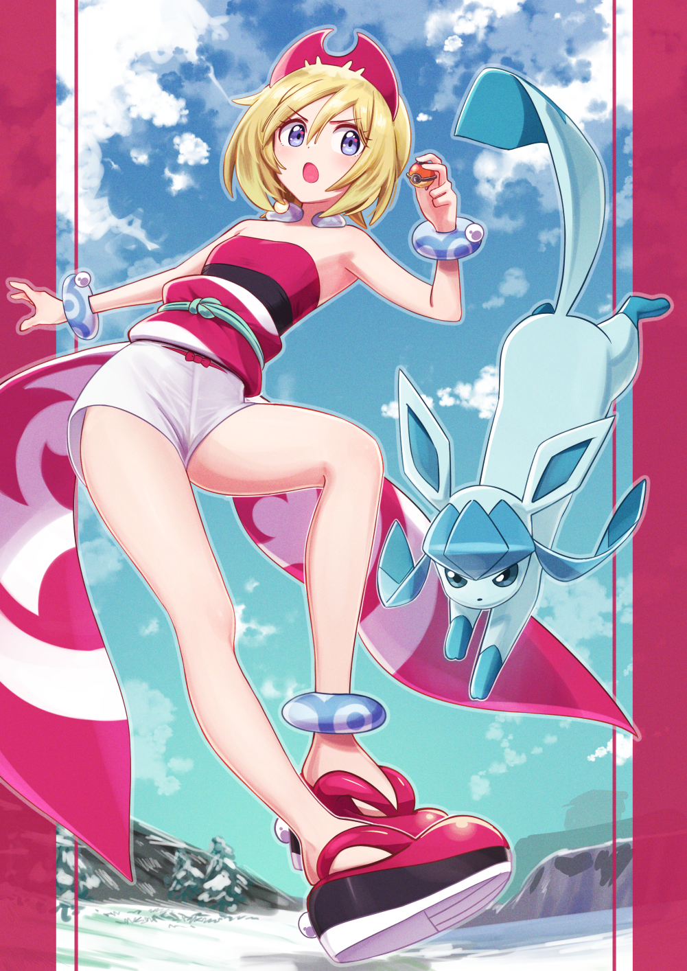 1girl, blonde_hair, breasts, deadnooodles, glaceon, hair_between_eyes, highres, holding