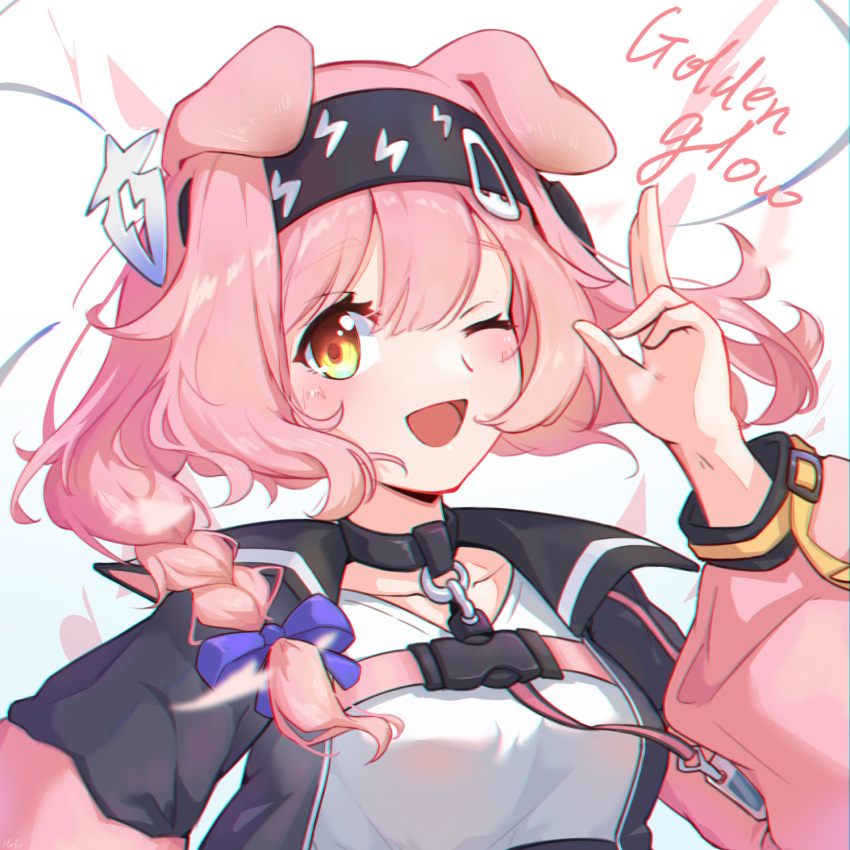 1girl, ;d, animal_ears, arknights, bangs, black_hairband, black_jacket, blue_bow, blush, bow, braid, breasts, brown_eyes, cat_ears, character_name, clotho_(1326803453), commentary_request, eyebrows_visible_through_hair, goldenglow_(arknights), hair_between_eyes, hair_bow, hair_over_shoulder, hairband, hand_up, highres, jacket, lightning_bolt_print, long_hair, long_sleeves, looking_at_viewer, one_eye_closed, open_clothes, open_jacket, pink_hair, print_hairband, puffy_long_sleeves, puffy_sleeves, shirt, single_braid, small_breasts, smile, solo, upper_body, white_background, white_shirt
