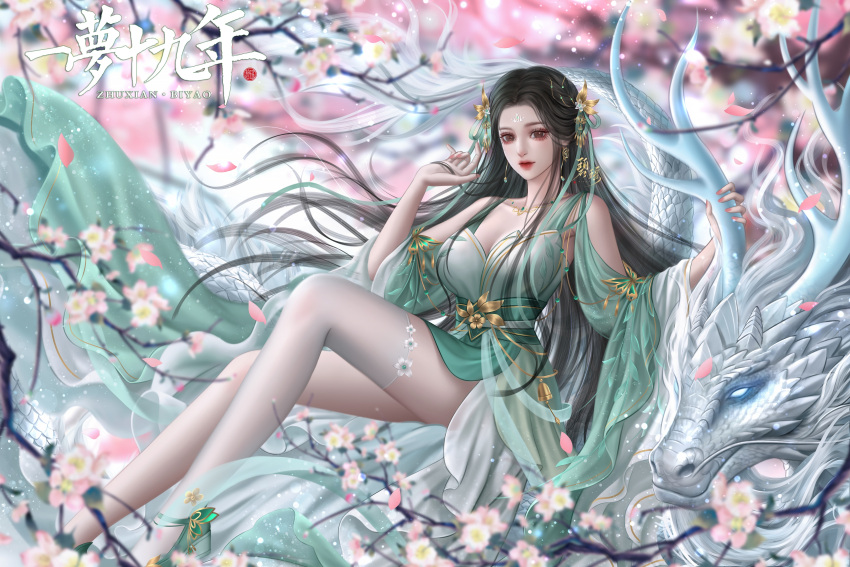 1girl, absurdres, asymmetrical_legwear, baiguio_(zhu_xian), bare_shoulders, black_hair, chinese_clothes, dragon