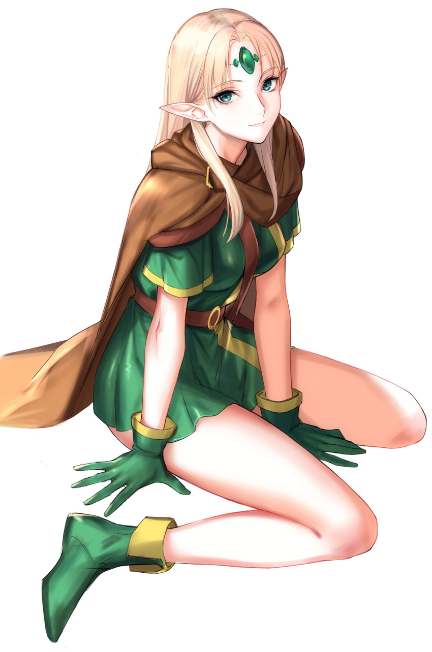 1girl, arm_support, bangs, belt, between_breasts, between_legs, breasts, brown_cape