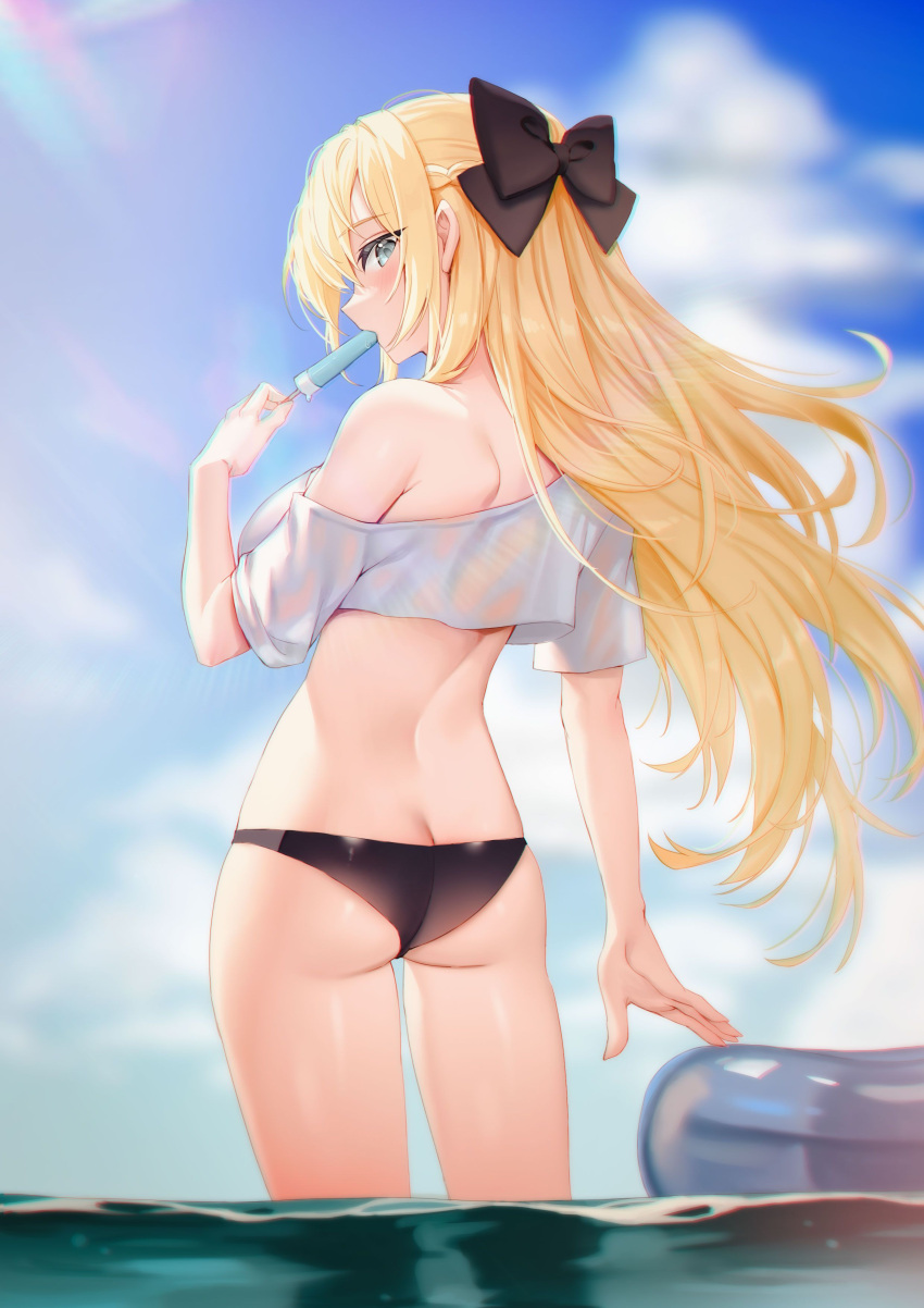 1girl, absurdres, ass, bangs, bare_back, bare_shoulders, bikini, black_bow, blonde_hair, bow, butt_crack, clouds, eating, food, hair_bow, highres, long_hair, looking_at_viewer, looking_back, off-shoulder_shirt, off_shoulder, original, picter, popsicle, popsicle_in_mouth, see-through, shirt, short_sleeves, sidelocks, skin_tight, sky, solo, sunlight, swimsuit, thighs, water