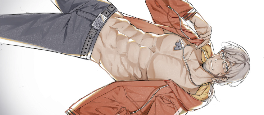 1boy, abs, absurdres, arurandeisu, beard, belt, belt_buckle, black_pants