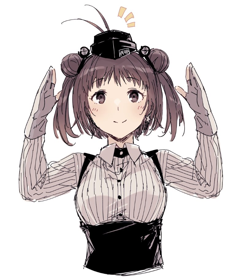 1girl, antenna_hair, atlanta_(kancolle), atlanta_(kancolle)_(cosplay), bangs, black_skirt, breasts, brown_eyes