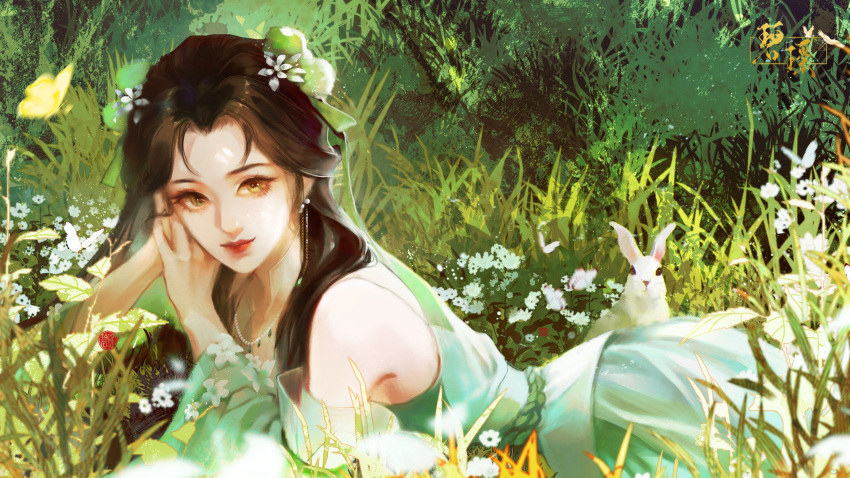 1girl, absurdres, baiguio_(zhu_xian), bi_yao_zhuye, brown_hair, chinese_clothes, dress, green_dress