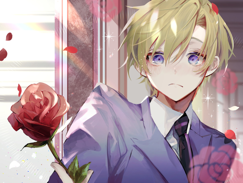 1boy, :<, absurdres, bangs, black_necktie, blazer, blonde_hair, blue_eyes