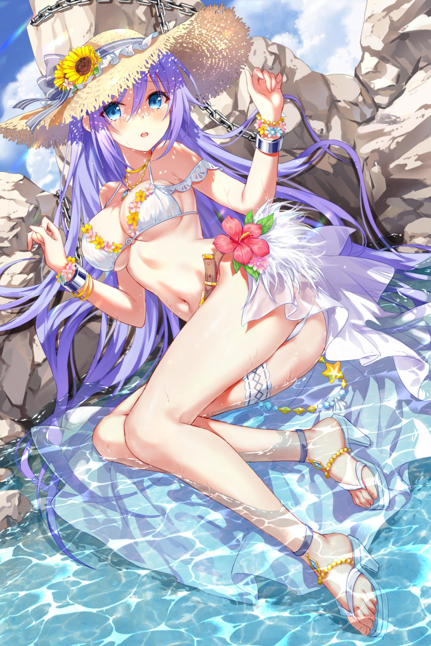 1girl, ass, bikini, breasts, chain, devil_heavens, flower, full_body, hair_flower, hair_ornament, hat, high_heels, highres, off_shoulder, princess_connect!, shizuru_(princess_connect!), skirt, solo, swimsuit, tears, thighs, water, wristband