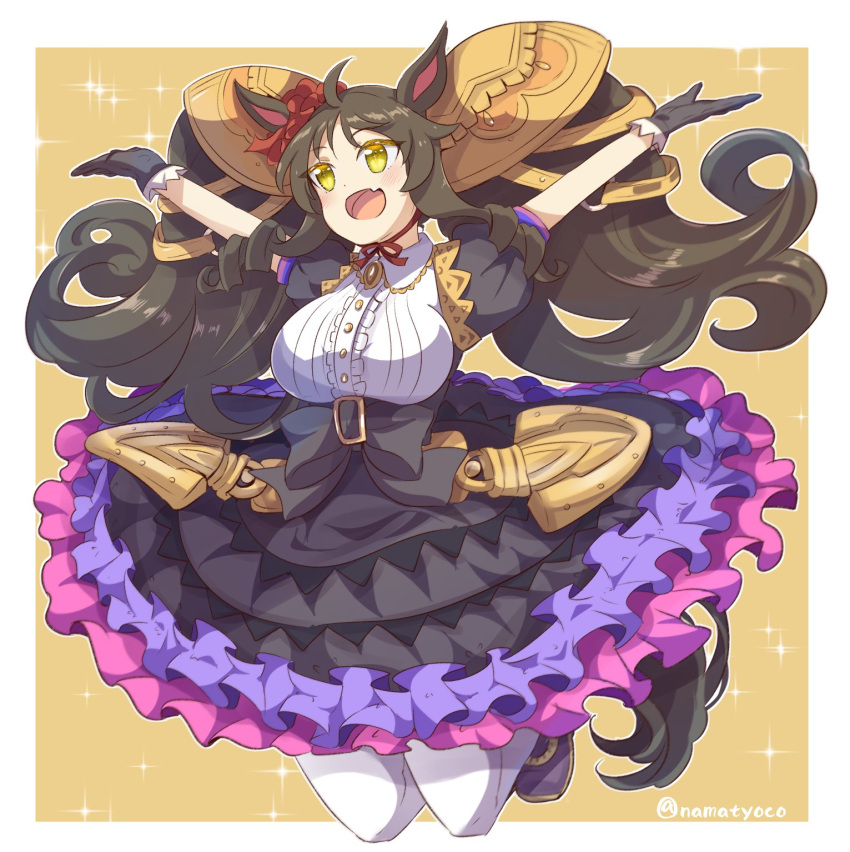 1girl, animal_ears, arms_up, bangs, big_hair, black_dress, black_footwear, black_gloves