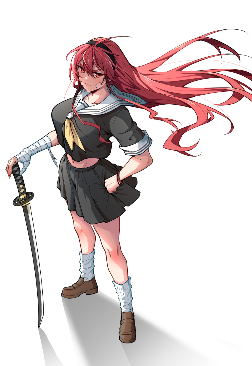 1girl, absurdres, ahoge, bandaid, bandaid_on_face, bangs, black_hairband, breasts