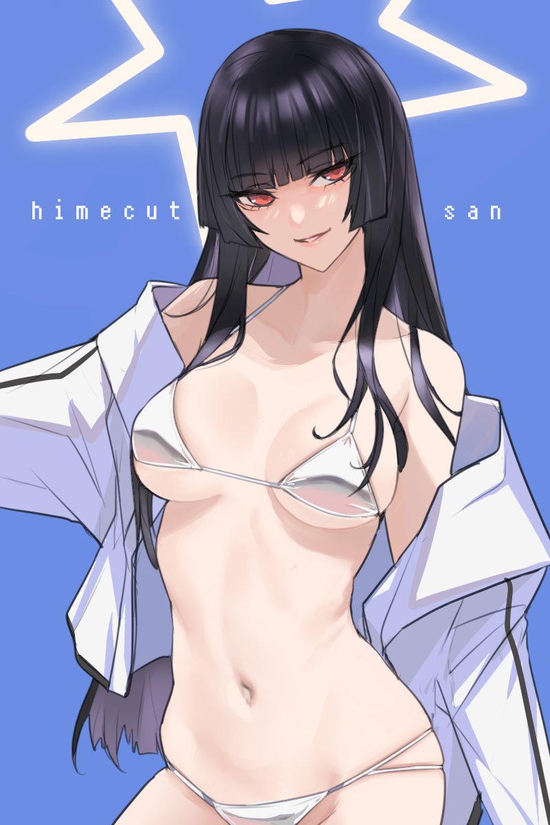1girl, ban!_(bansankan), bangs, bikini, black_hair, blue_background, blunt_bangs, breasts