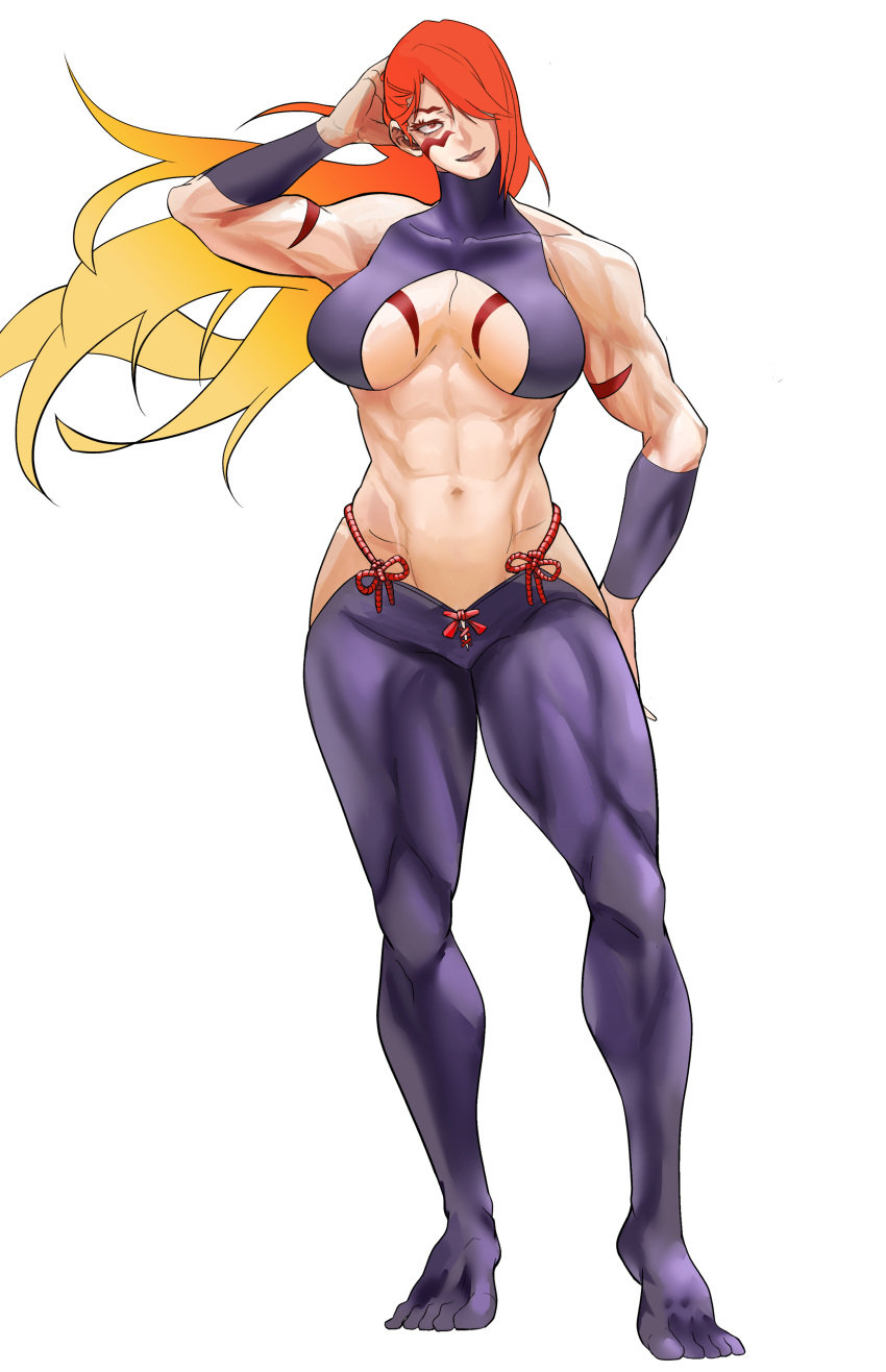 1girl, abs, absurdres, arm_up, banryu_illust, biceps, black_legwear, blonde_hair
