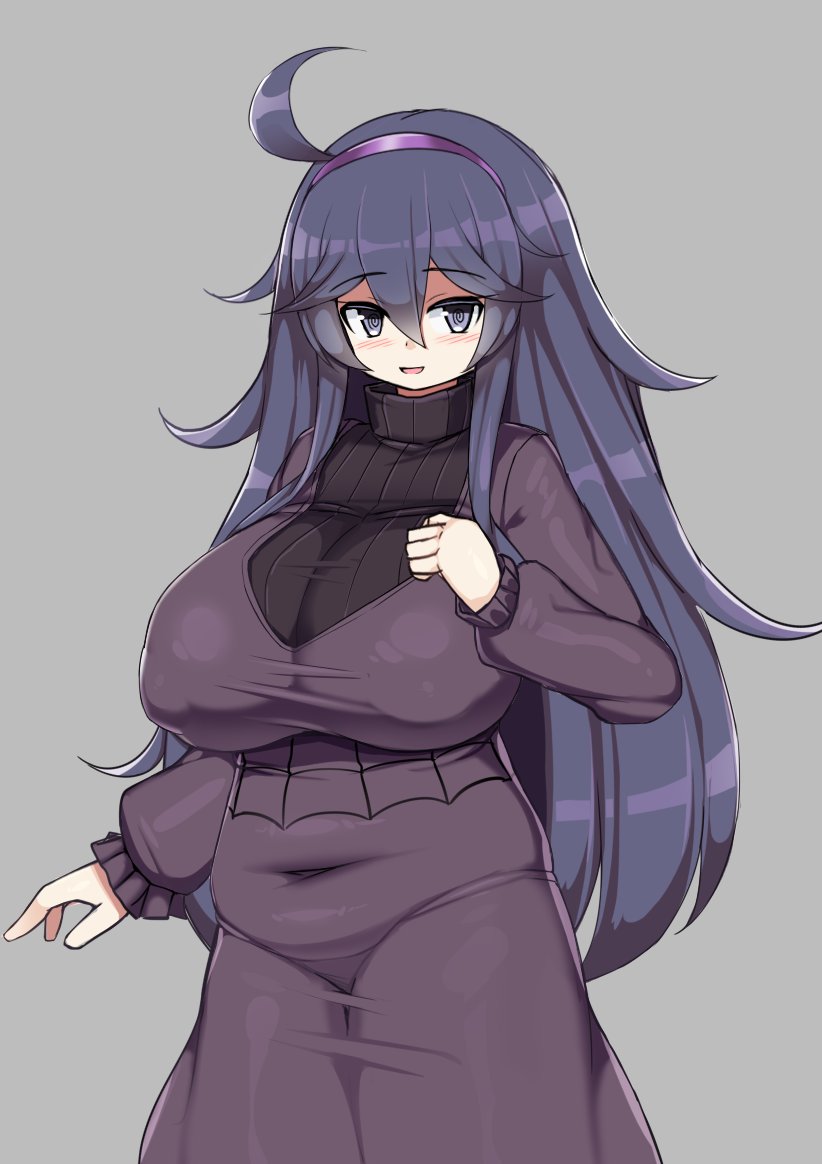 1girl, @_@, ahoge, alternate_breast_size, bangs, black_hair, blue_eyes, blush