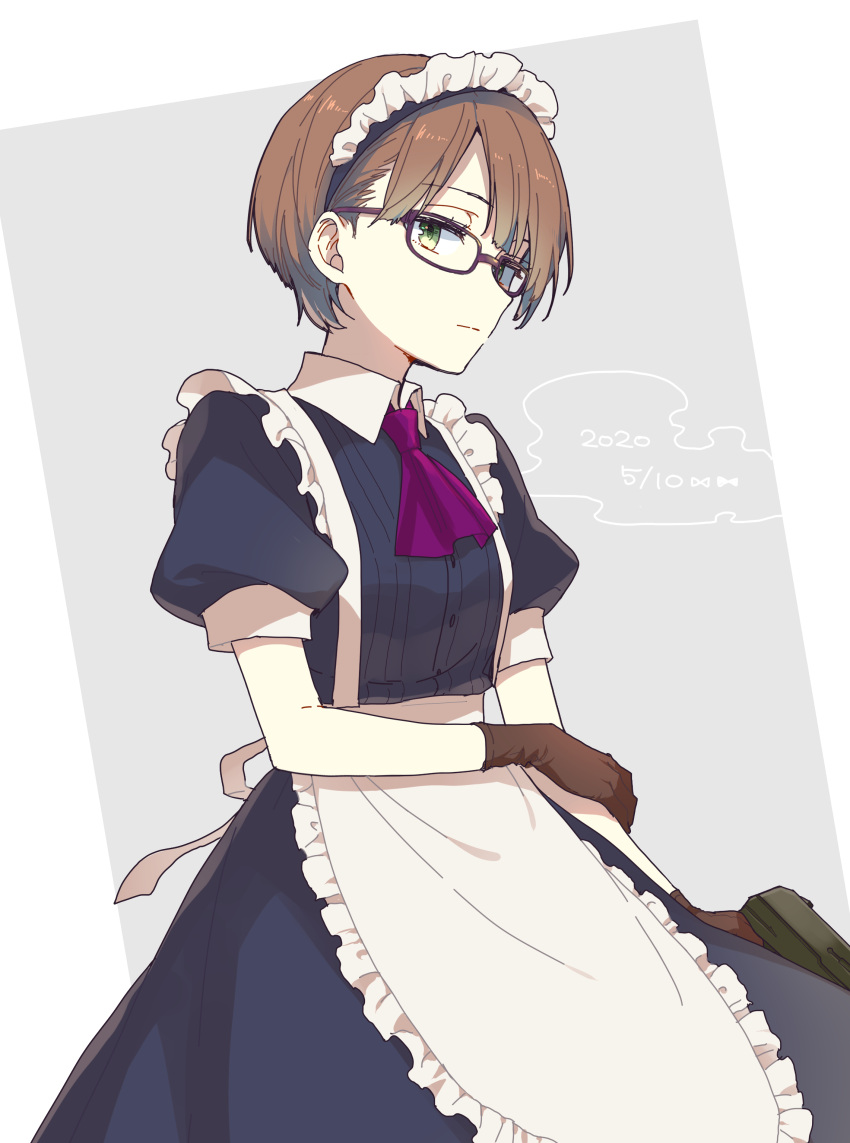 1girl, 7100potechi, absurdres, apron, ascot, bangs, black-framed_eyewear, blue_dress