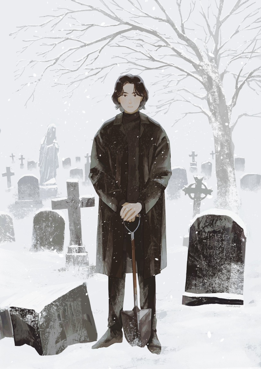 1boy, absurdres, black_coat, black_footwear, black_hair, black_pants, coat, cross, grave, graveyard, highres, holding, holding_shovel, kaworunakano, limited_palette, long_sleeves, original, pants, shoes, short_hair, shovel, snow, solo, statue, tombstone, tree, winter