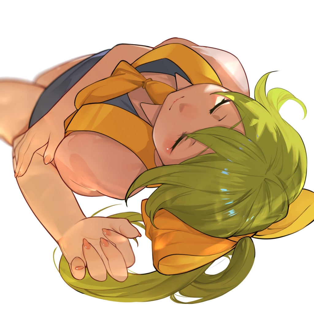 1girl, ascot, bangs, blue_dress, blush, bow, closed_eyes, closed_mouth, collared_shirt, colored_skin, commentary_request, cookie_(touhou), daiyousei, diyusi_(cookie), dress, eyebrows_visible_through_hair, feet_out_of_frame, green_hair, hair_bow, high-visibility_vest, jiyu_(jiyusi), medium_hair, pinafore_dress, pink_nails, ponytail, shirt, short_sleeves, simple_background, smile, solo, touhou, upside-down, white_background, white_shirt, white_skin, yellow_ascot, yellow_bow