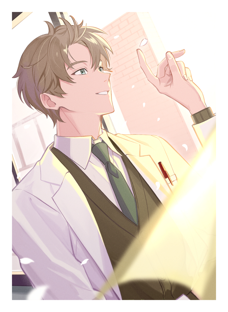 1boy, bangs, black_cardigan, blurry, border, breast_pocket, brown_hair, cardigan
