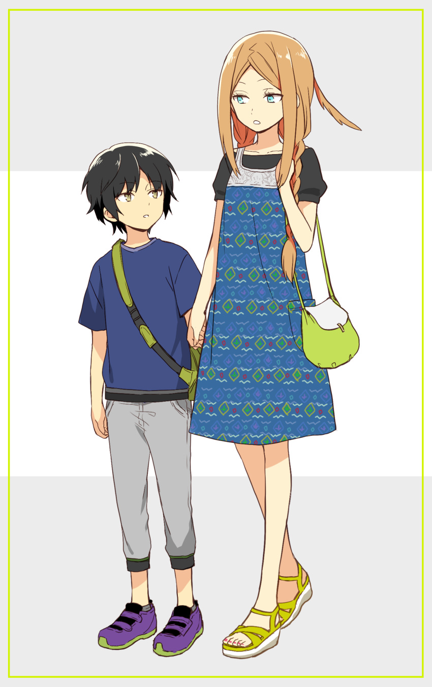 1boy, 1girl, 7100potechi, aqua_eyes, arm_at_side, bag, bangs, black_hair