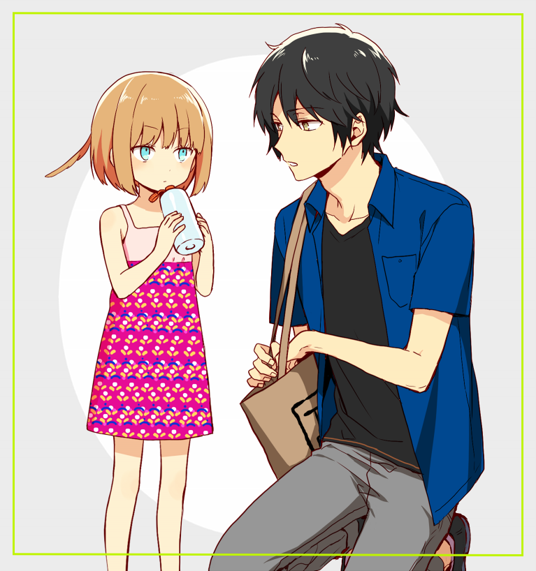 1boy, 1girl, 7100potechi, aqua_eyes, bag, bangs, black_footwear, black_hair