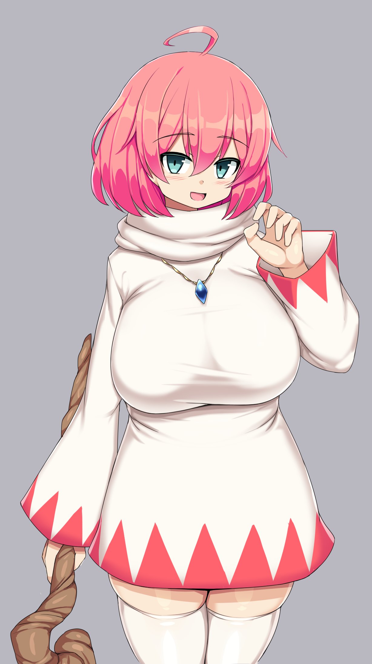 1girl, alternate_breast_size, antenna_hair, bangs, blush, boots, breasts, closed_mouth, curvy, dress, earrings, eyebrows_visible_through_hair, final_fantasy, final_fantasy_v, gem, green_eyes, grey_background, hair_between_eyes, highres, holding, holding_staff, hood, hooded_dress, huge_breasts, jewelry, lenna_charlotte_tycoon, long_sleeves, looking_at_viewer, necklace, open_mouth, pink_hair, plump, sawati, short_dress, short_hair, simple_background, skindentation, sleeves_past_wrists, smile, solo, staff, thick_thighs, thigh-highs, thigh_boots, thighs, white_dress, white_footwear, white_mage, wide_sleeves, zettai_ryouiki