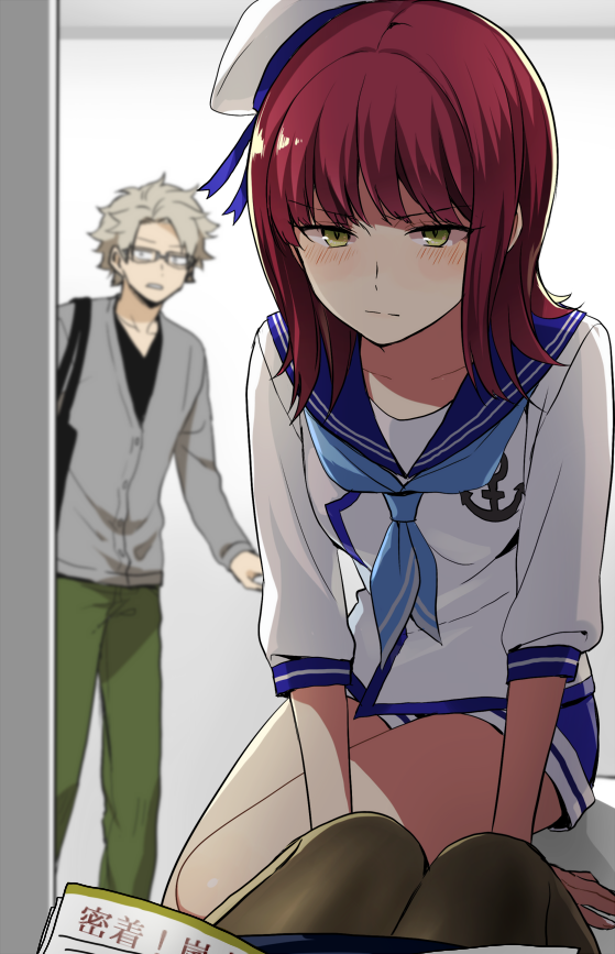 1boy, 1girl, 7100potechi, anchor_print, bag, bangs, blue_neckerchief, blue_shorts