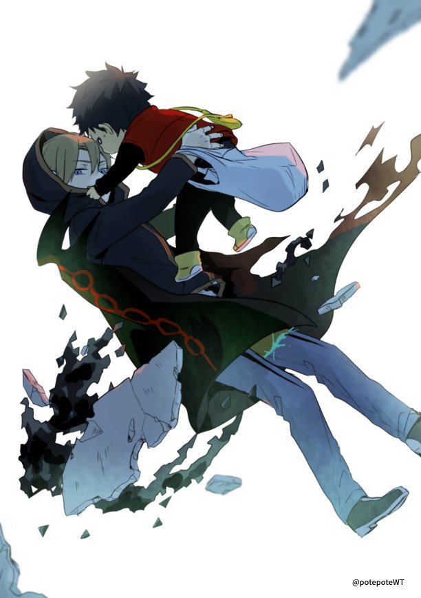 2boys, 7100potechi, bag, bangs, black_cloak, black_coat, black_footwear, black_hair
