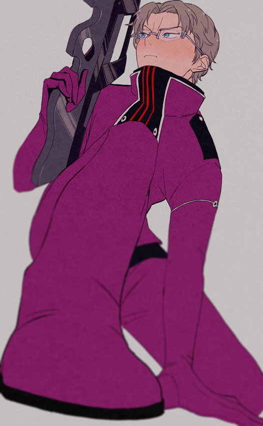 1boy, arm_support, bangs, blue_eyes, blurry, boots, chokuboron_ryou, closed_mouth