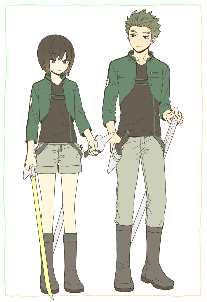 1boy, 1girl, 7100potechi, arms_at_sides, bangs, black_footwear, black_hair, black_shirt